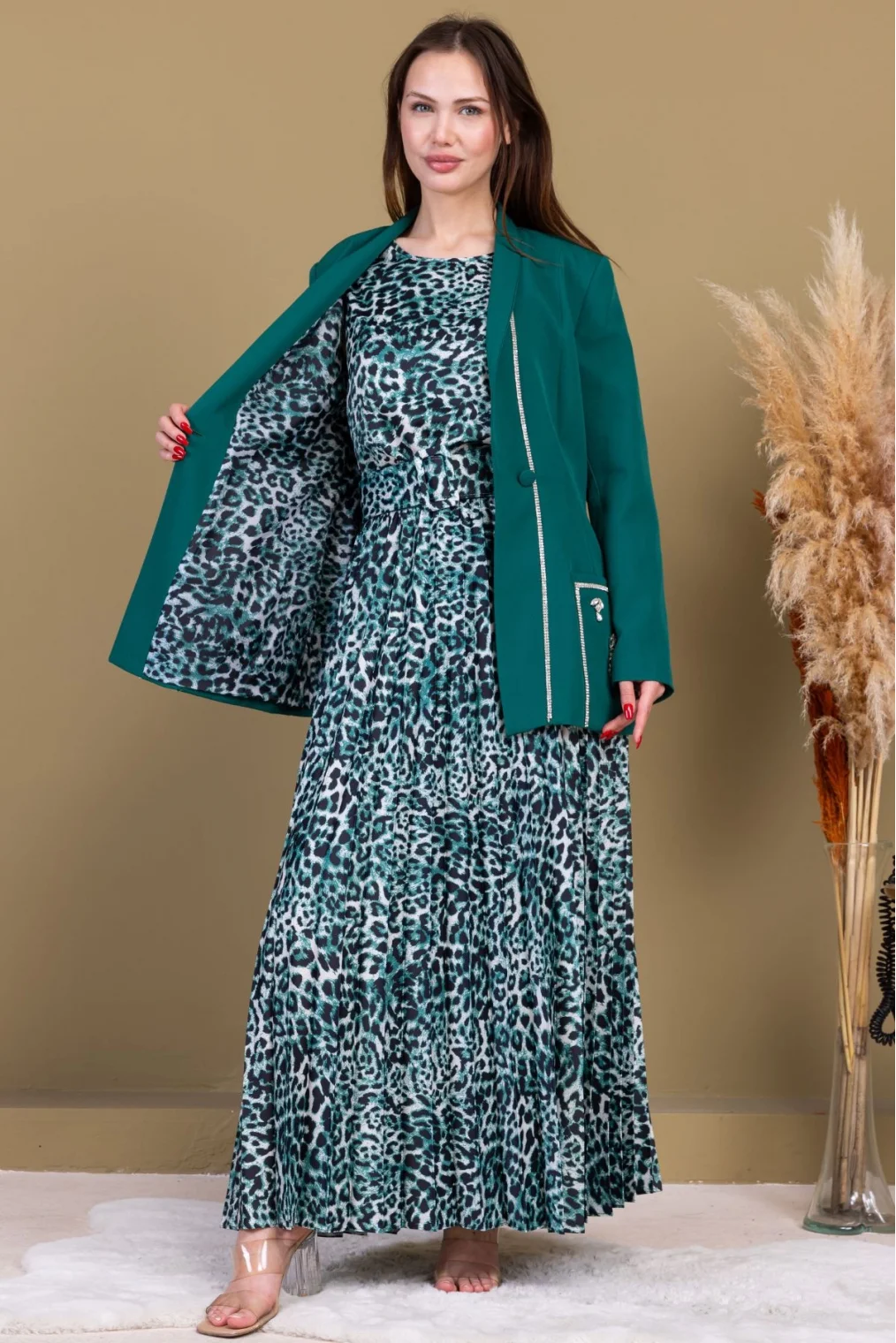 Leopar Desenli Ceketli Üçlü Takım 4715-Zümrüt Yeşili