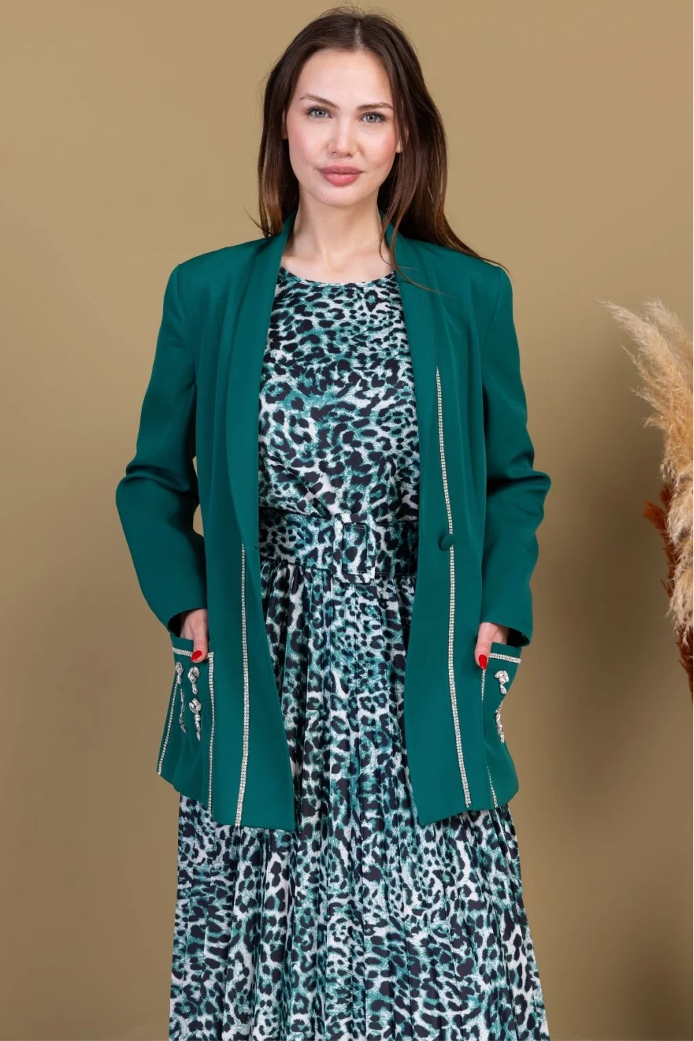 Leopar Desenli Ceketli Üçlü Takım 4715-Zümrüt Yeşili