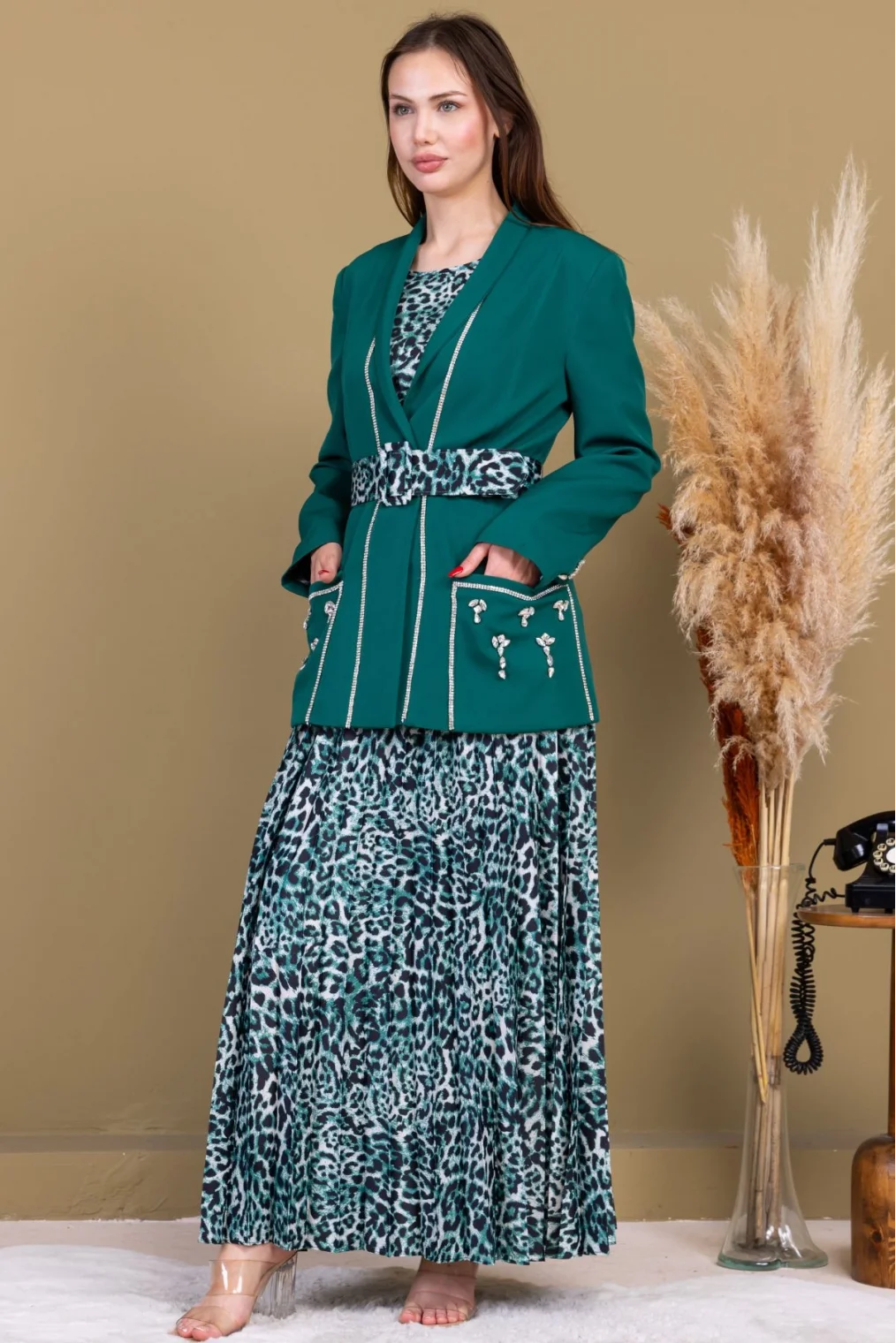 Leopar Desenli Ceketli Üçlü Takım 4715-Zümrüt Yeşili