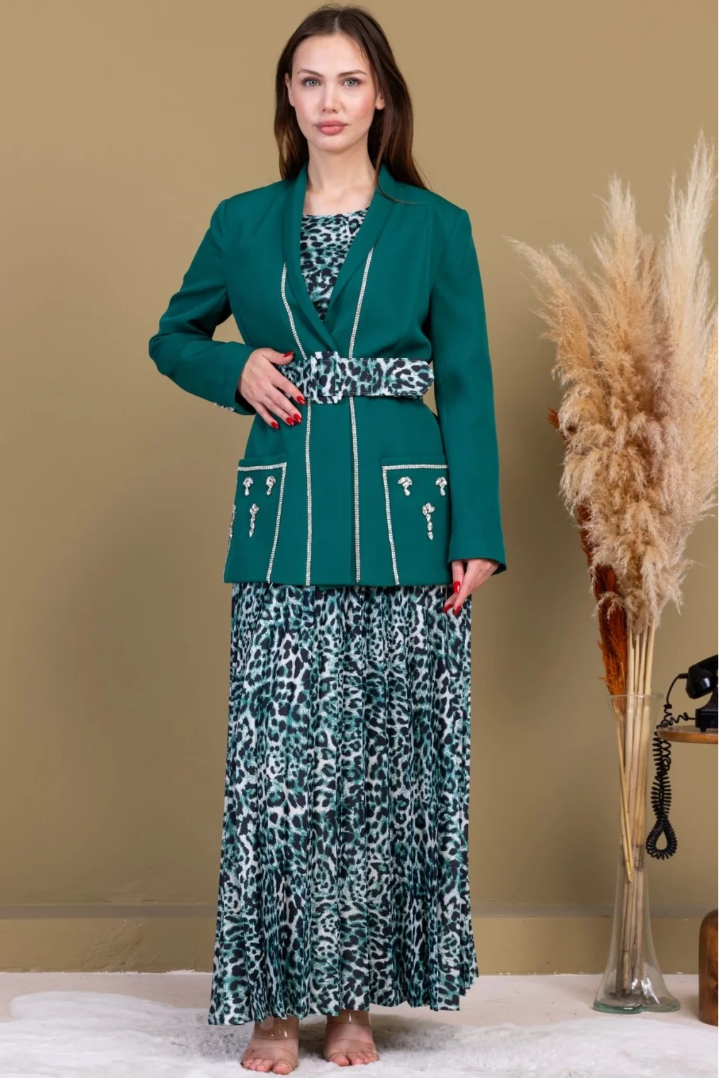 Leopar Desenli Ceketli Üçlü Takım 4715-Zümrüt Yeşili
