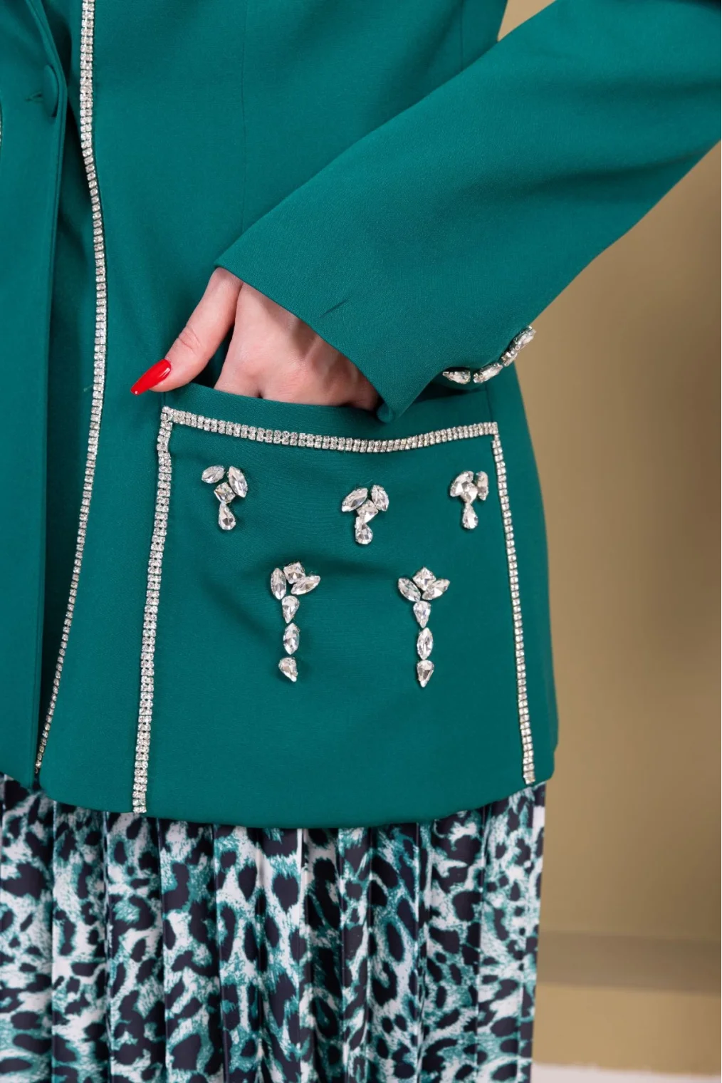 Leopar Desenli Ceketli Üçlü Takım 4715-Zümrüt Yeşili