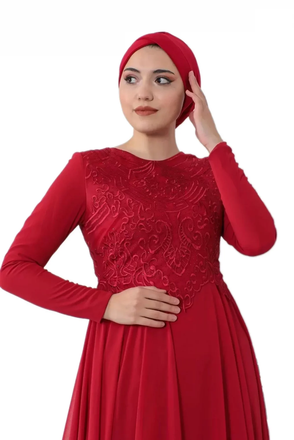 Nakış Detaylı Tesettür Abiye Elbise 688-Kırmızı
