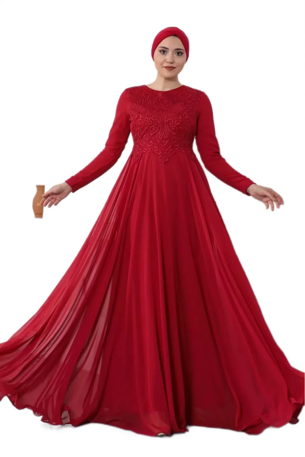 Nakış Detaylı Tesettür Abiye Elbise 688-Kırmızı