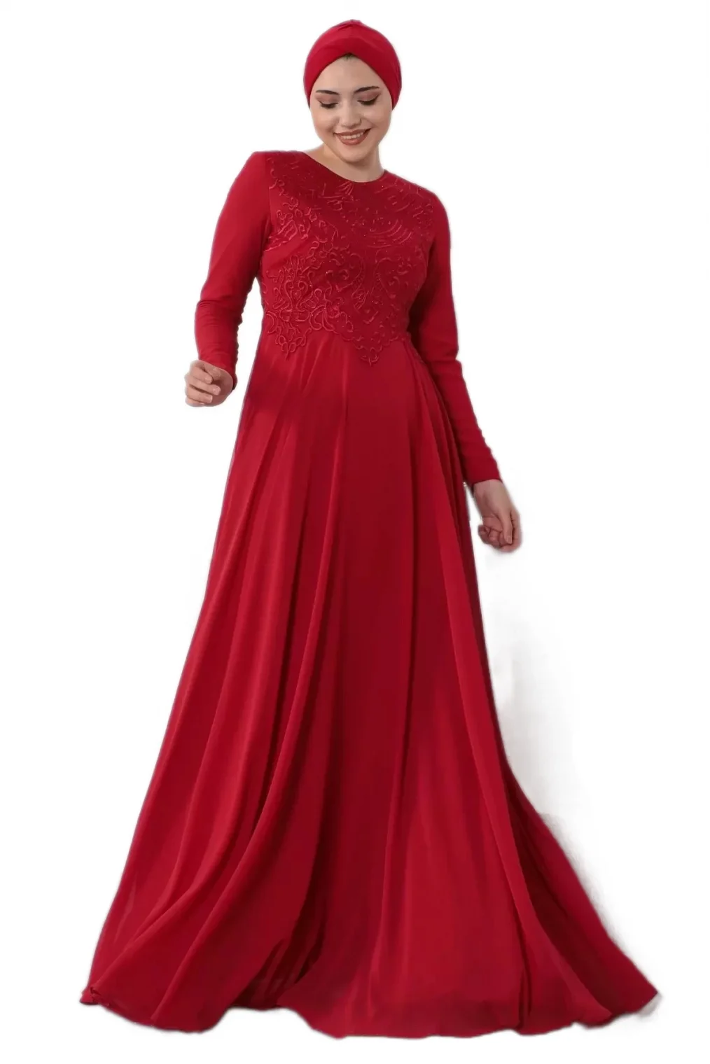 Nakış Detaylı Tesettür Abiye Elbise 688-Kırmızı