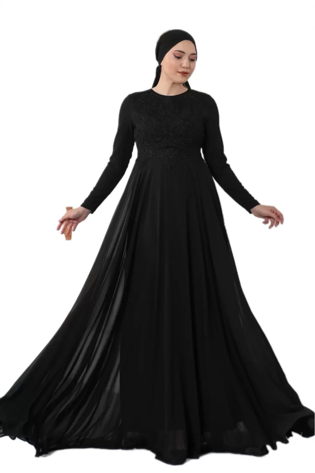 Nakış Detaylı Tesettür Abiye Elbise 688-Siyah