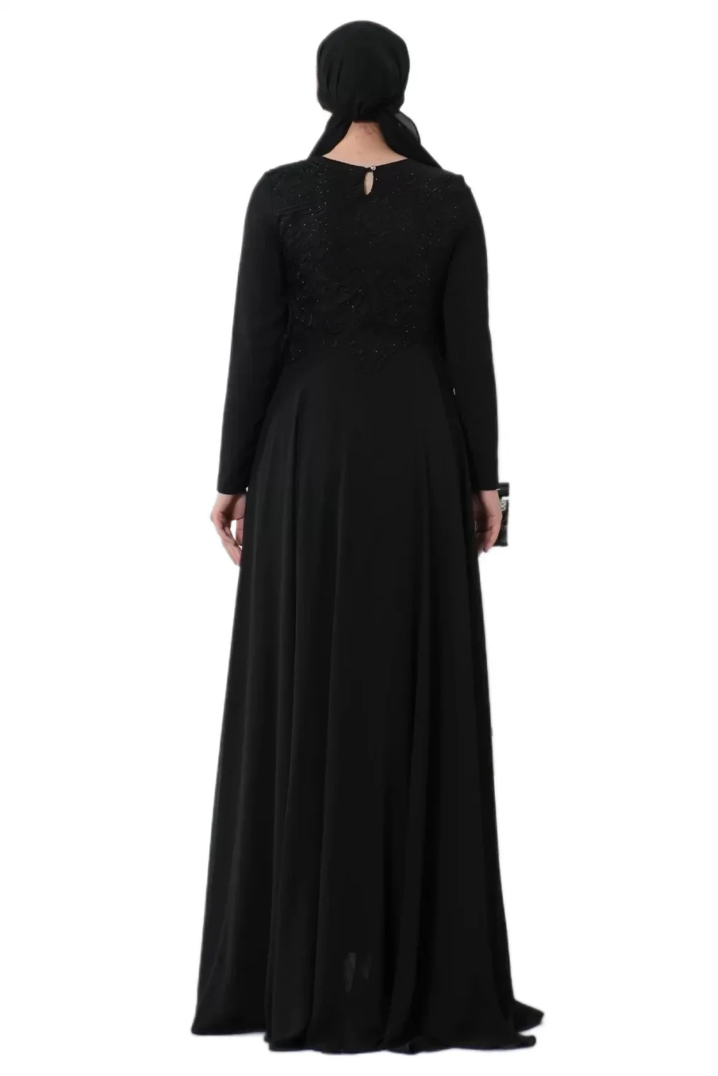 Nakış Detaylı Tesettür Abiye Elbise 688-Siyah