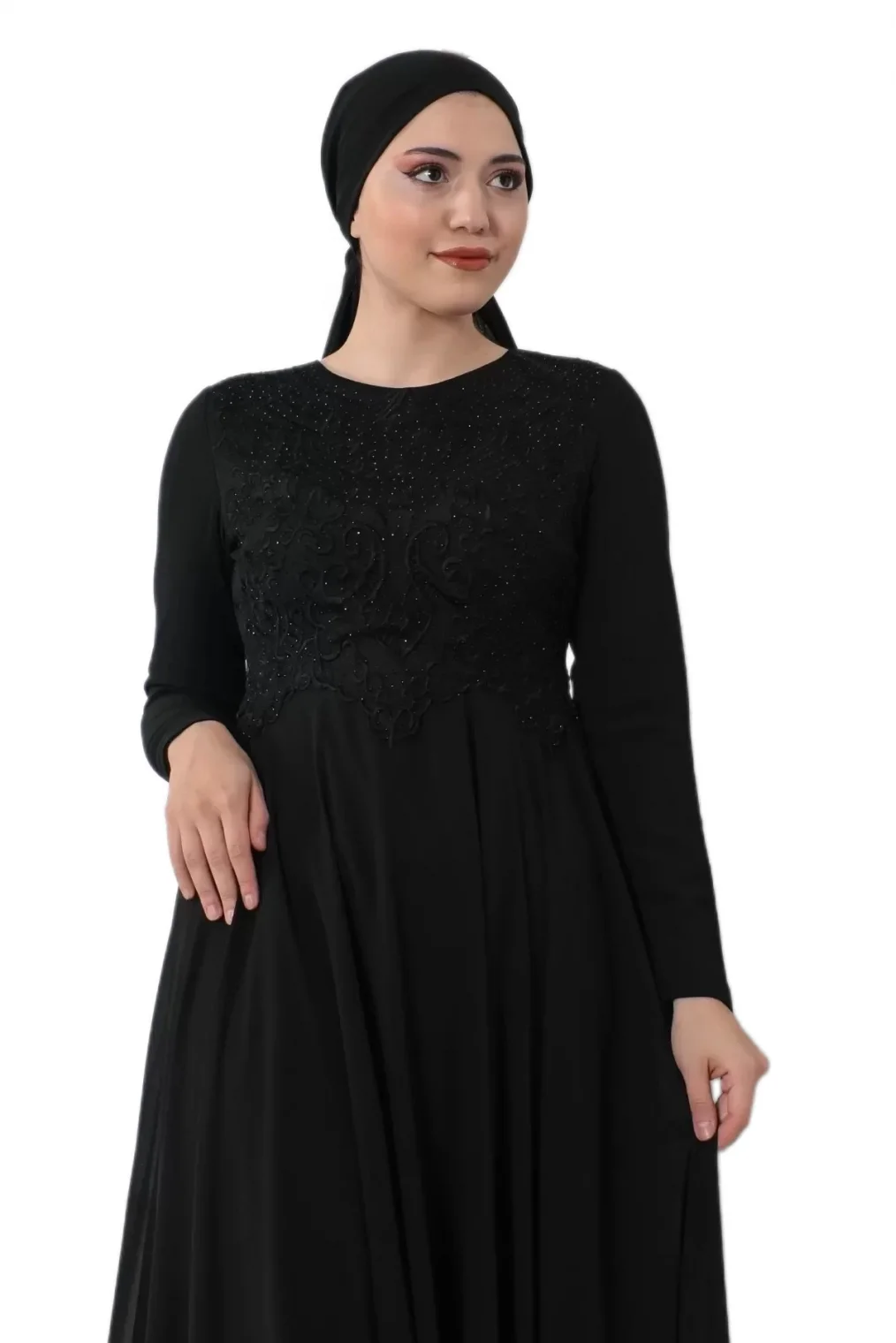 Nakış Detaylı Tesettür Abiye Elbise 688-Siyah