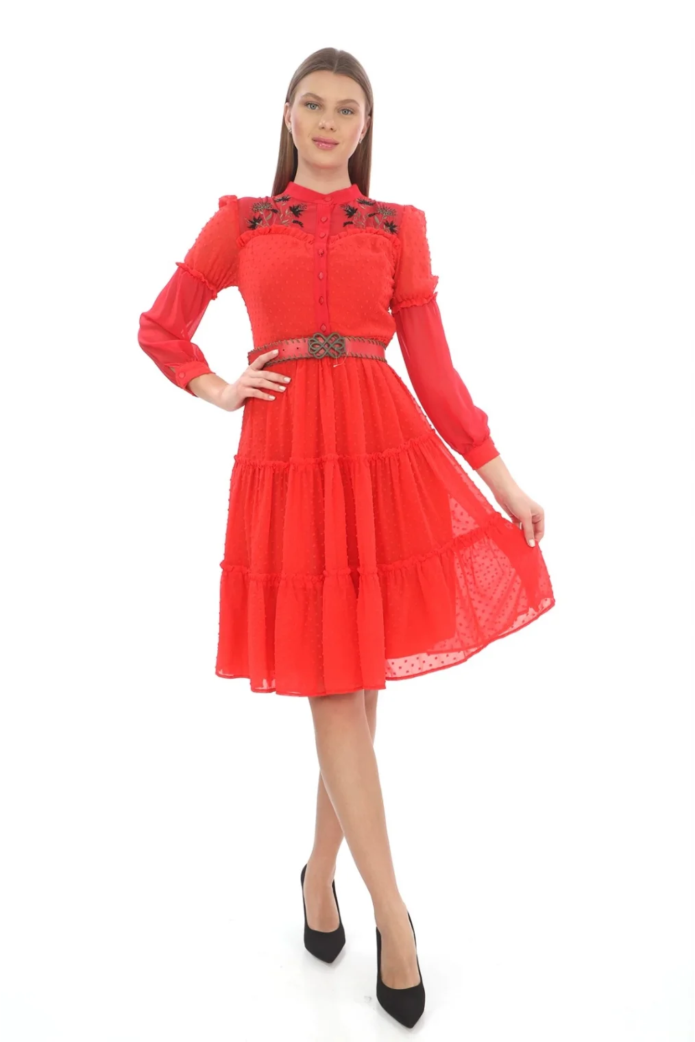 Nakış Ve Kemer Detaylı Elbise 1776-Narçiçeği