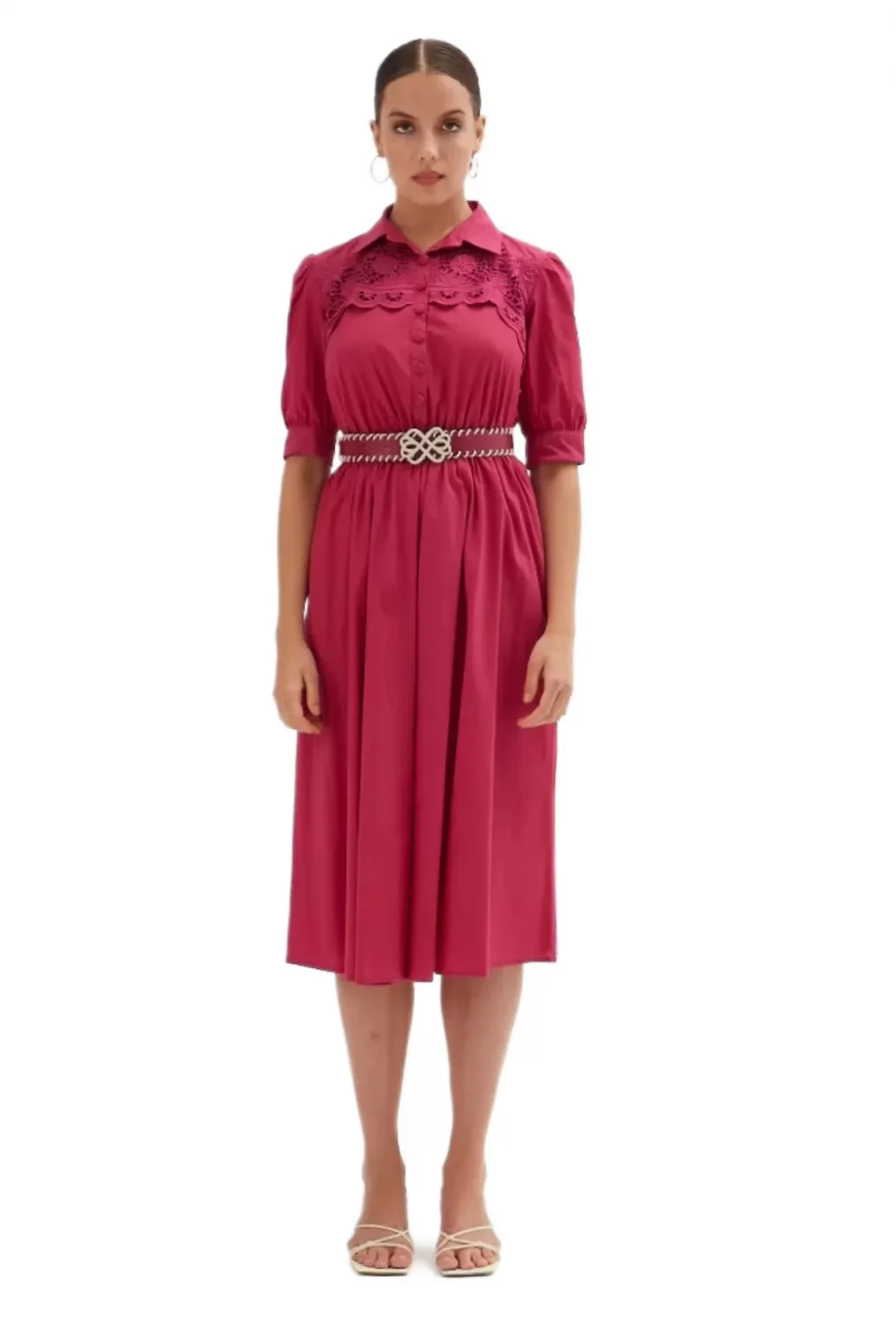 Nakış Ve Kemer Detaylı Poplin Elbise 1778-Fuşya