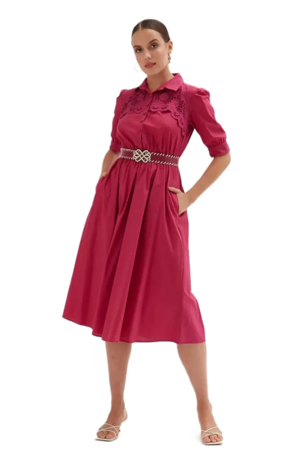 Nakış Ve Kemer Detaylı Poplin Elbise 1778-Fuşya