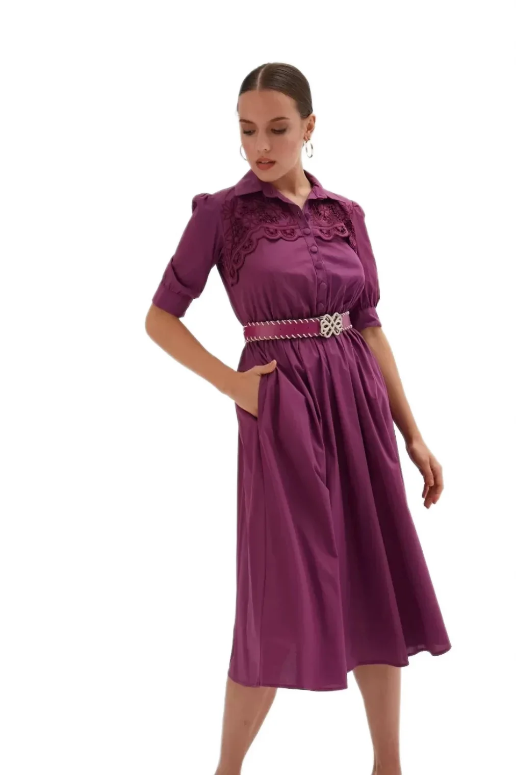 Nakış Ve Kemer Detaylı Poplin Elbise 1778-Mor