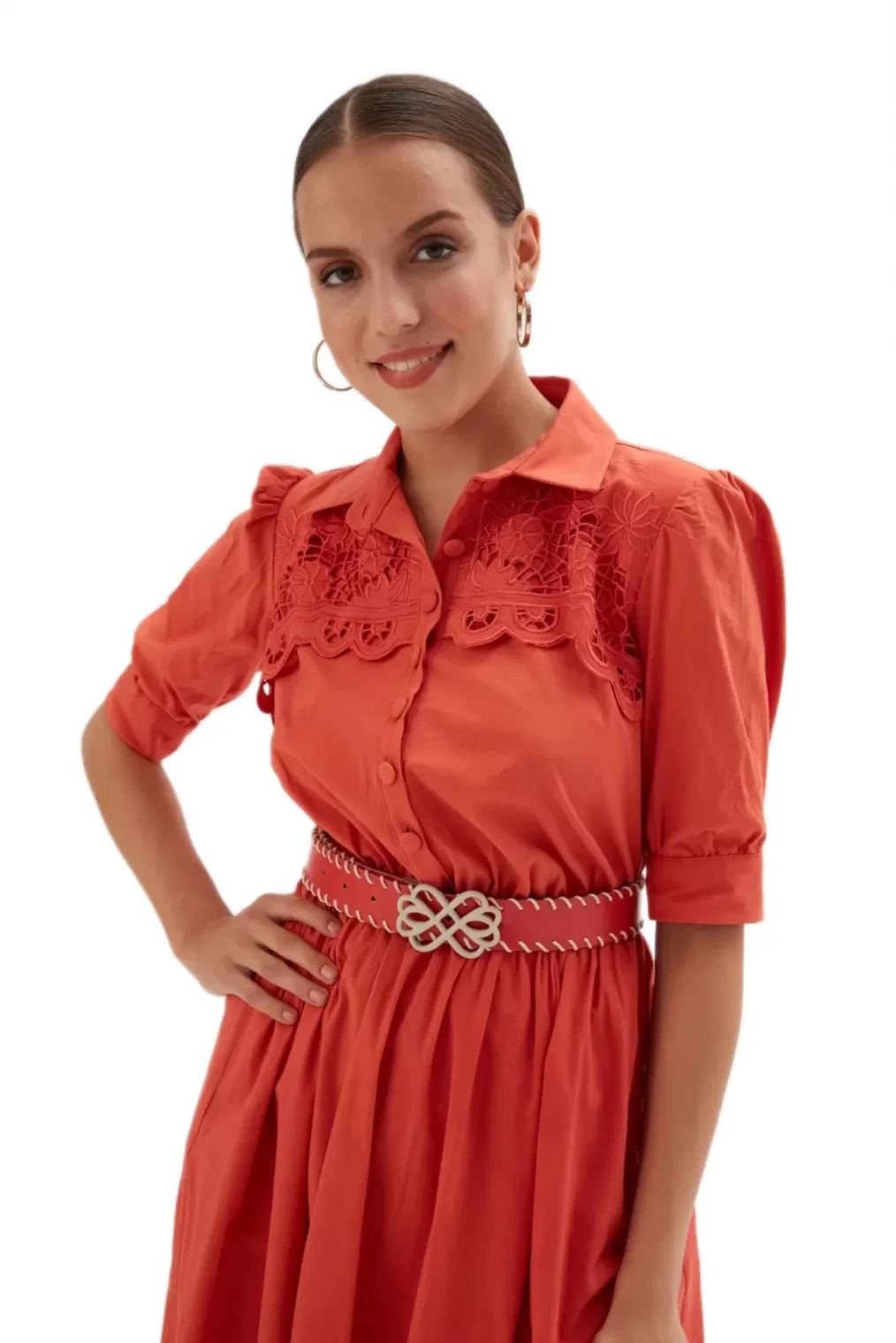 Nakış Ve Kemer Detaylı Poplin Elbise 1778-Oranj