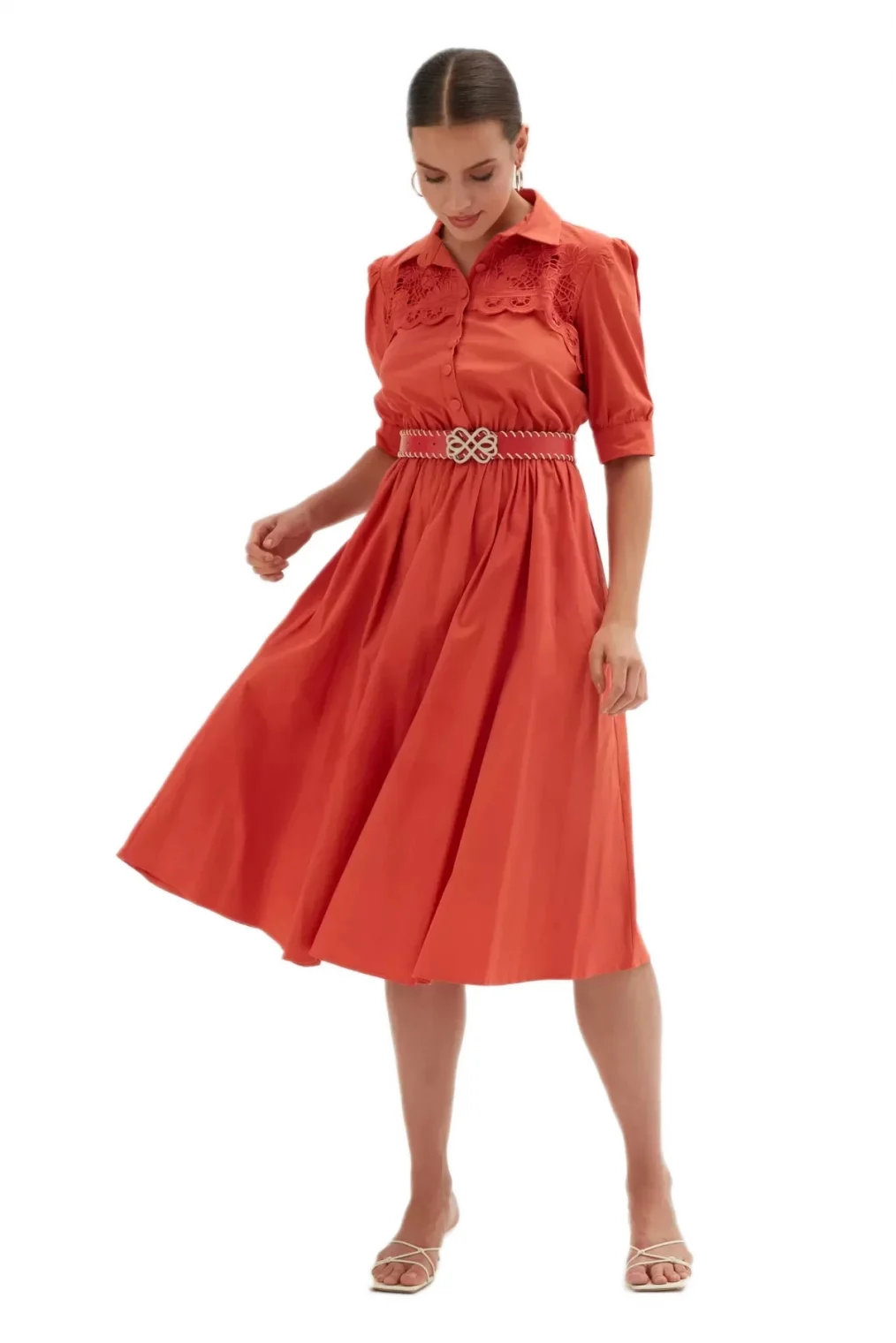Nakış Ve Kemer Detaylı Poplin Elbise 1778-Oranj
