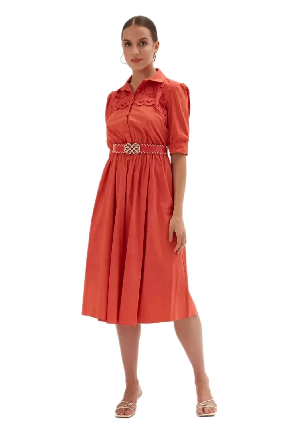 Nakış Ve Kemer Detaylı Poplin Elbise 1778-Oranj