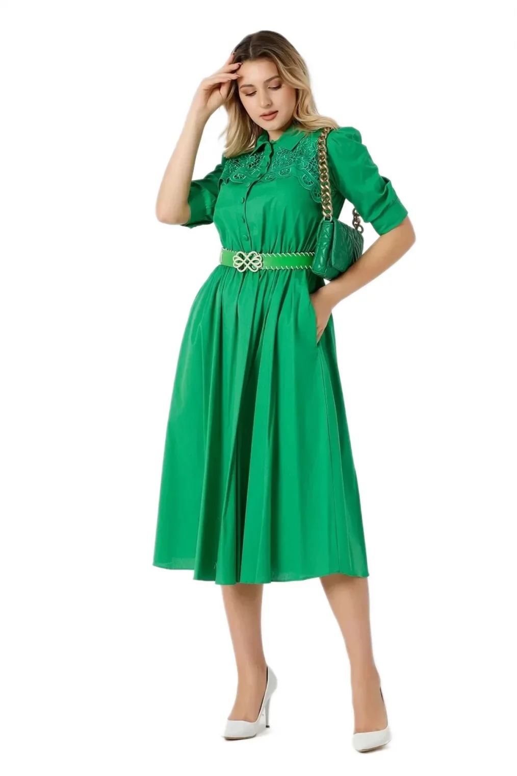 Nakış Ve Kemer Detaylı Poplin Elbise 1778-Yeşil