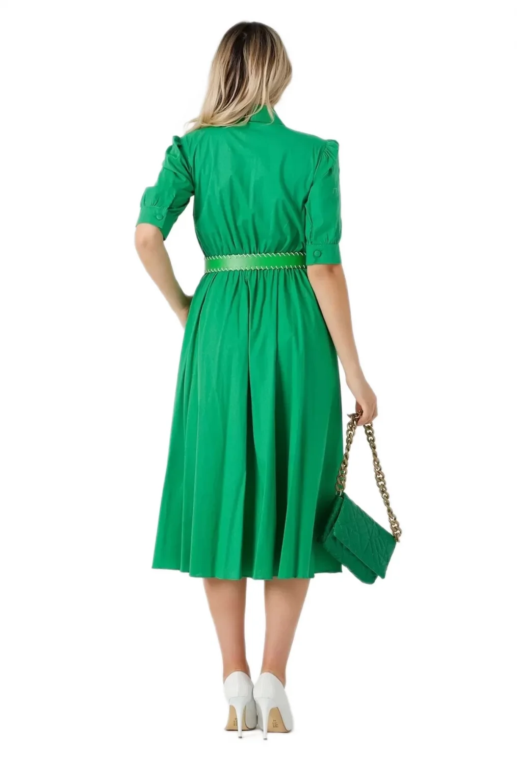 Nakış Ve Kemer Detaylı Poplin Elbise 1778-Yeşil
