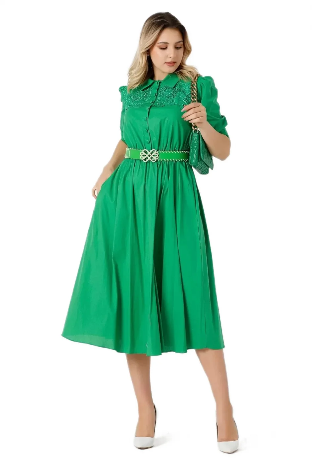 Nakış Ve Kemer Detaylı Poplin Elbise 1778-Yeşil