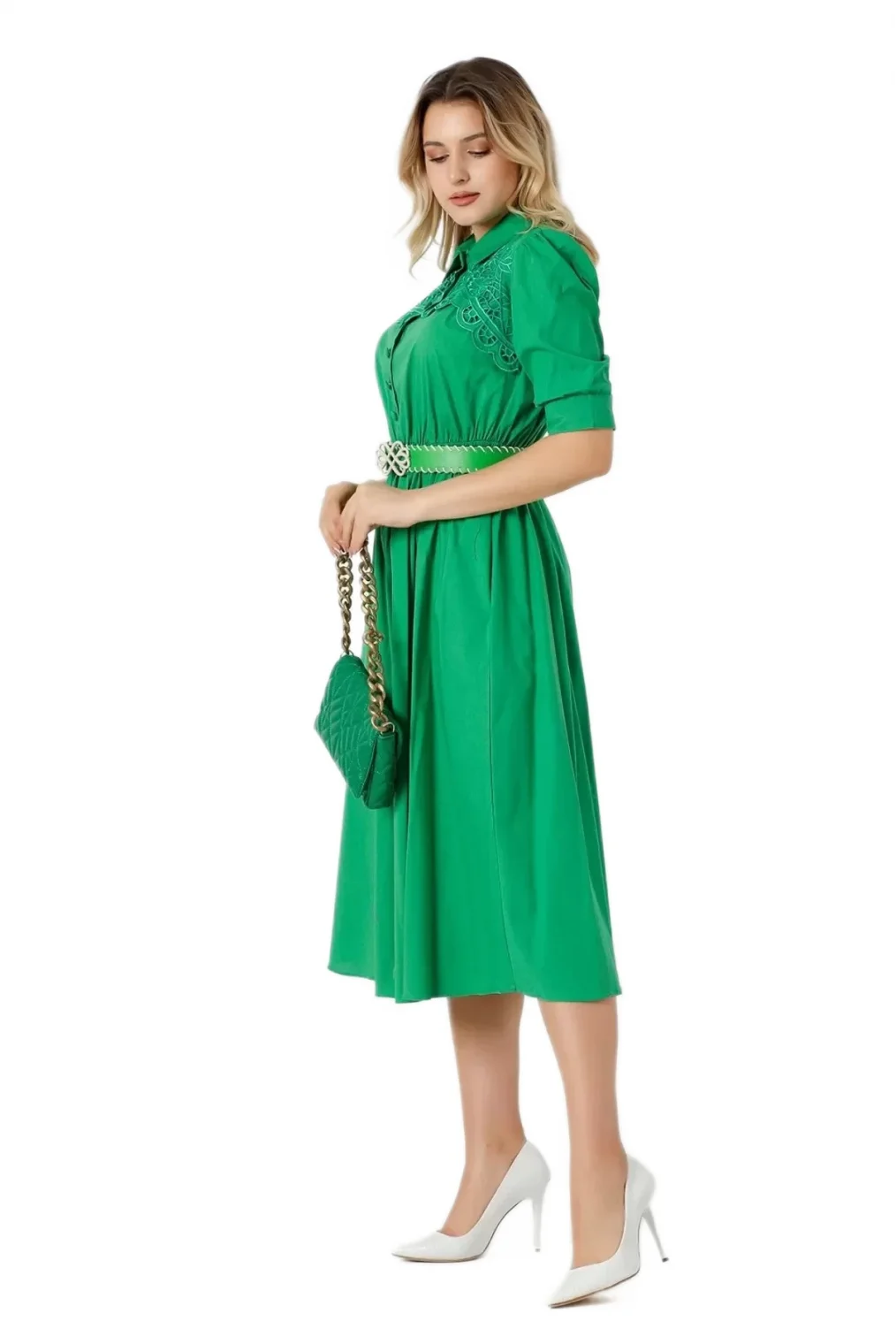Nakış Ve Kemer Detaylı Poplin Elbise 1778-Yeşil