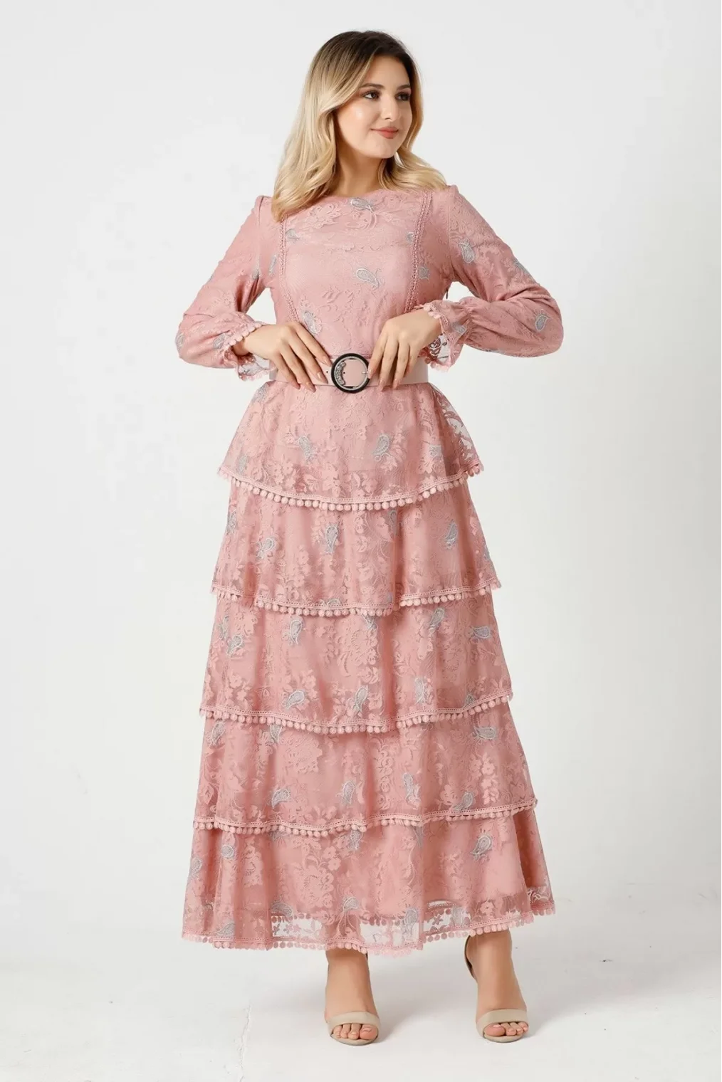 Nakışlı Kat Kat Dantel Elbise 744-Pudra (Kemer Dahil Değildir)