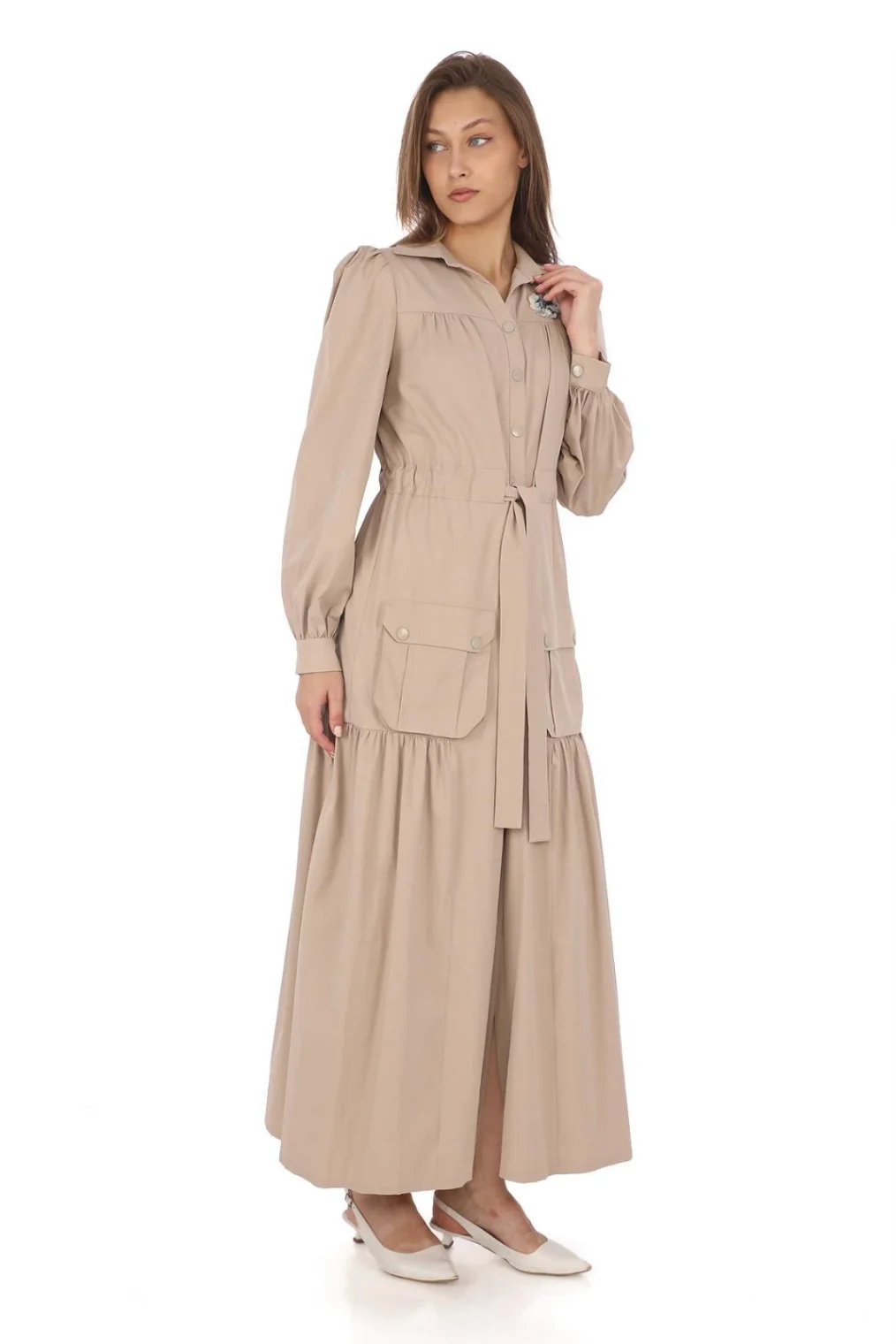 Omuz Çiçekli Bağlama Detaylı Çıtçıtlı Pamuk Elbise 2709-Bej