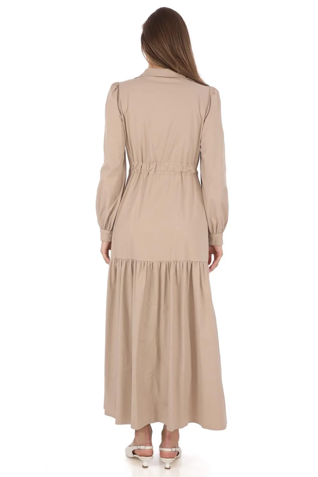 Omuz Çiçekli Bağlama Detaylı Çıtçıtlı Pamuk Elbise 2709-Bej