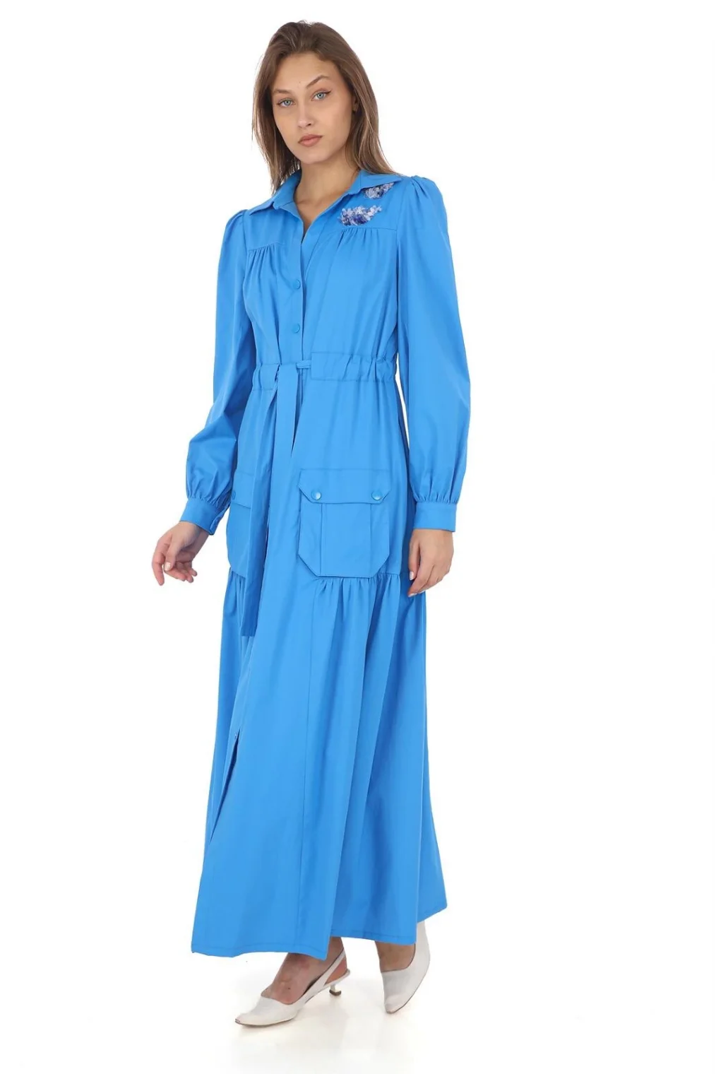 Omuz Çiçekli Bağlama Detaylı Çıtçıtlı Pamuk Elbise 2709-Mavi