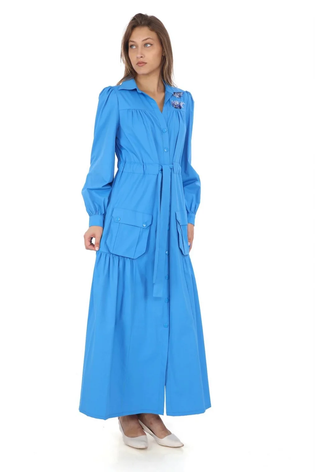 Omuz Çiçekli Bağlama Detaylı Çıtçıtlı Pamuk Elbise 2709-Mavi