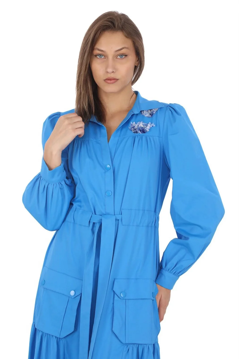 Omuz Çiçekli Bağlama Detaylı Çıtçıtlı Pamuk Elbise 2709-Mavi