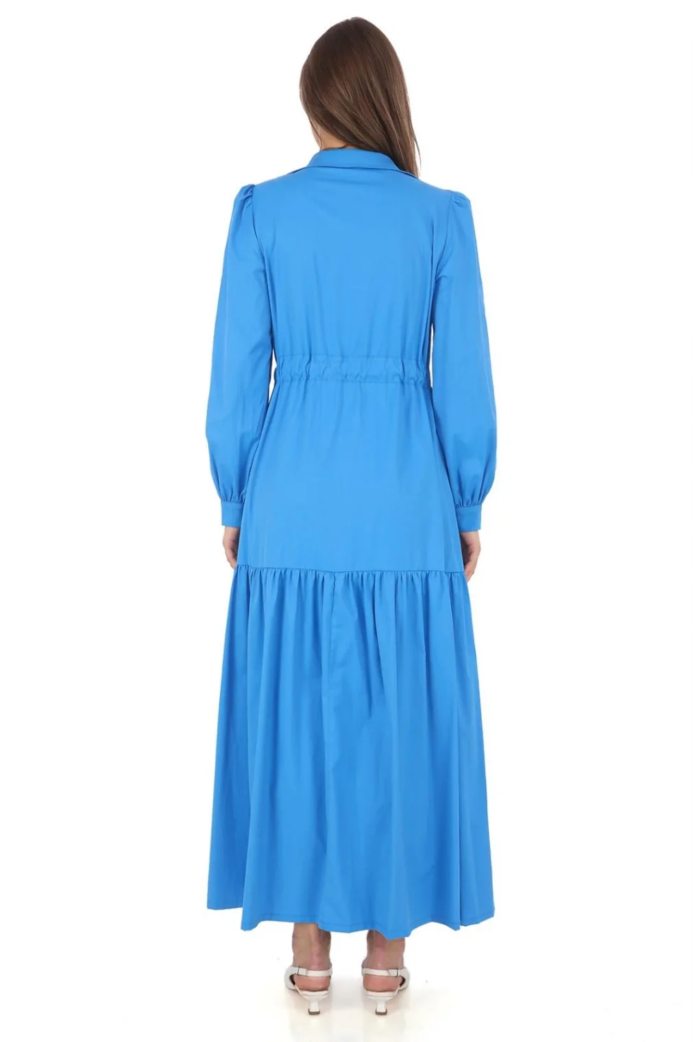 Omuz Çiçekli Bağlama Detaylı Çıtçıtlı Pamuk Elbise 2709-Mavi