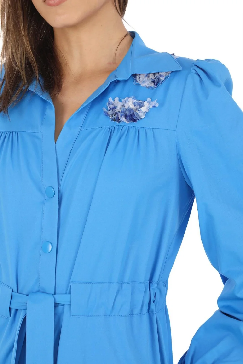 Omuz Çiçekli Bağlama Detaylı Çıtçıtlı Pamuk Elbise 2709-Mavi