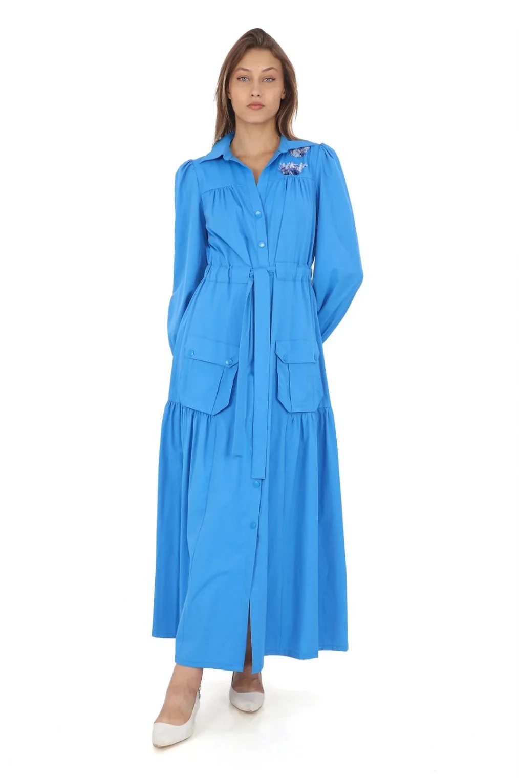 Omuz Çiçekli Bağlama Detaylı Çıtçıtlı Pamuk Elbise 2709-Mavi