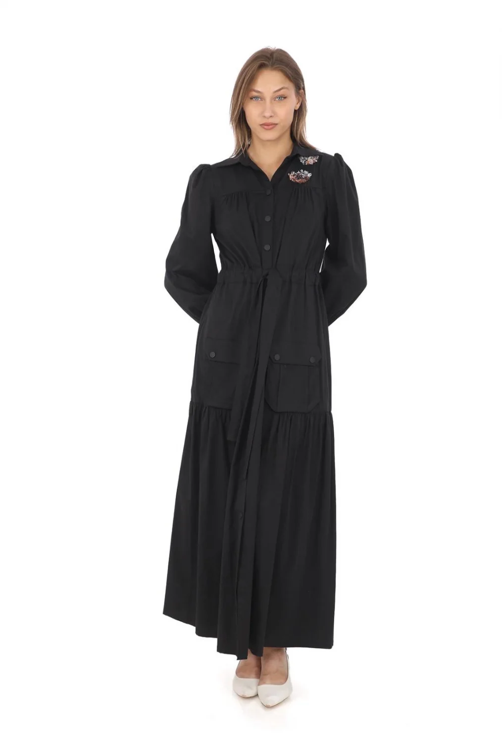 Omuz Çiçekli Bağlama Detaylı Çıtçıtlı Pamuk Elbise 2709-Siyah