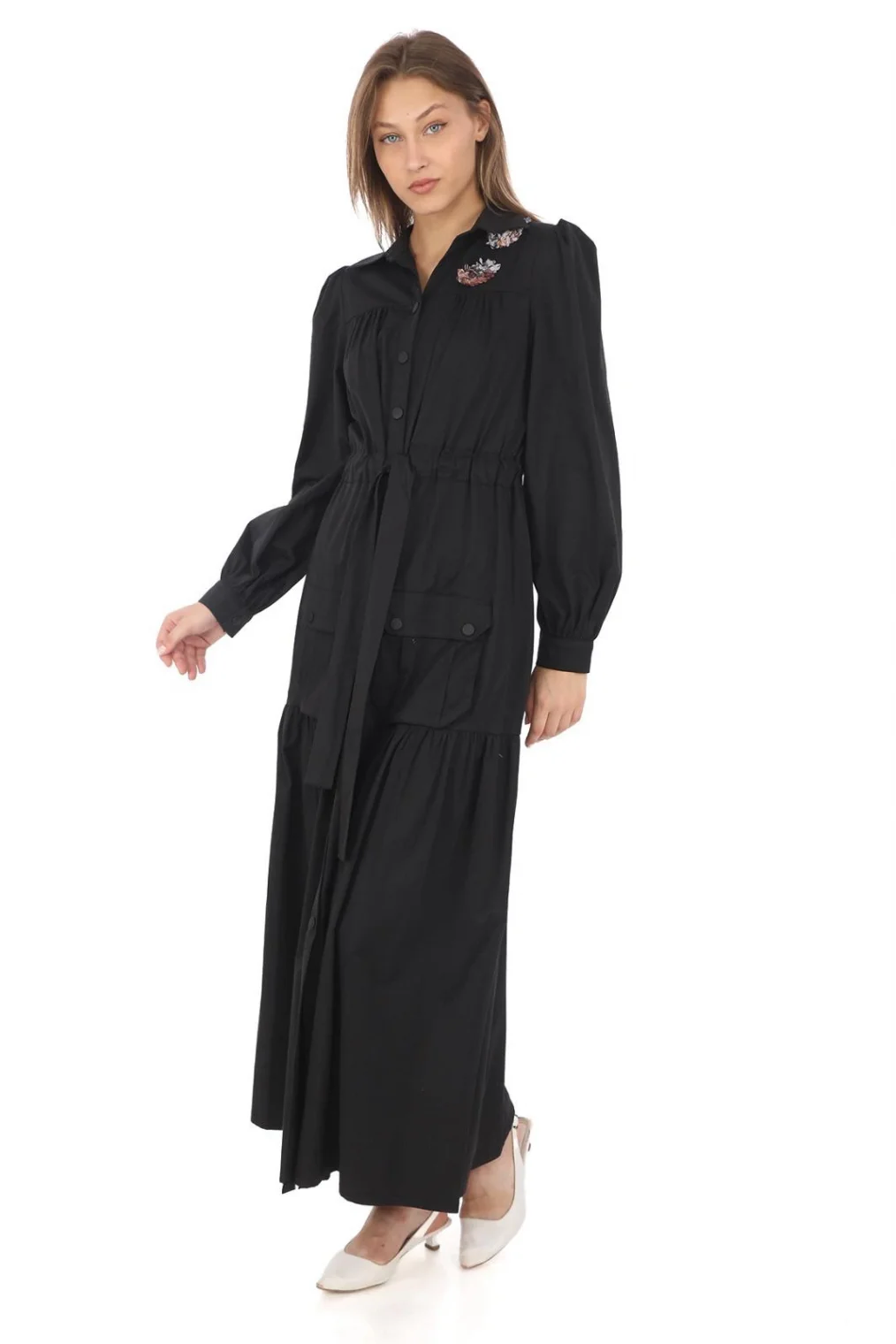 Omuz Çiçekli Bağlama Detaylı Çıtçıtlı Pamuk Elbise 2709-Siyah