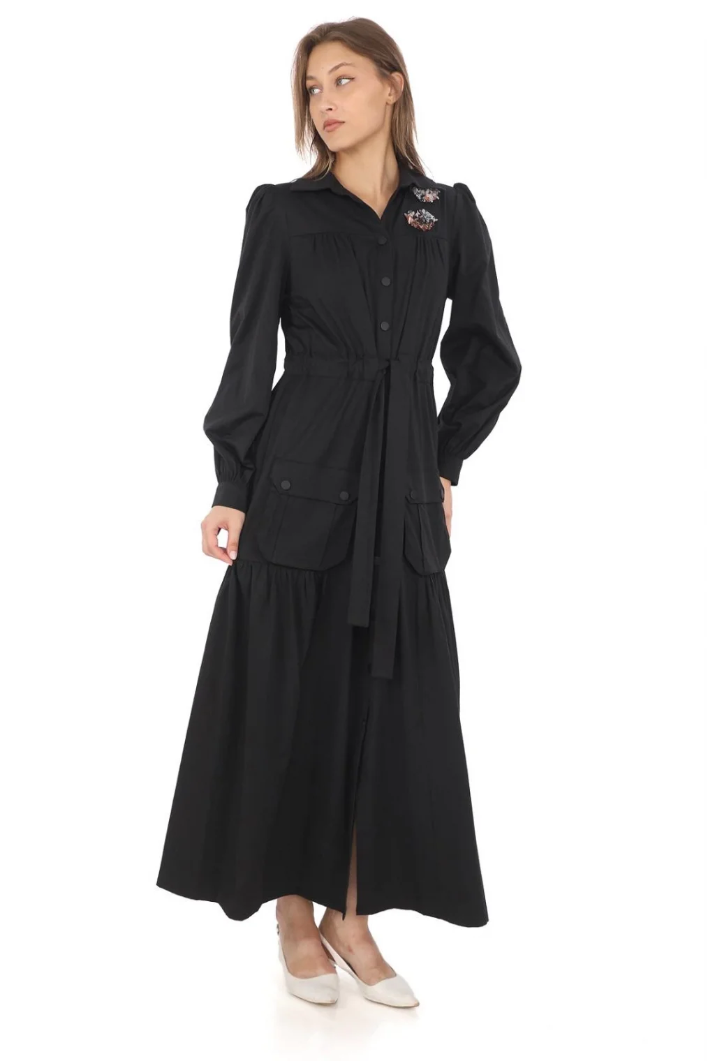 Omuz Çiçekli Bağlama Detaylı Çıtçıtlı Pamuk Elbise 2709-Siyah