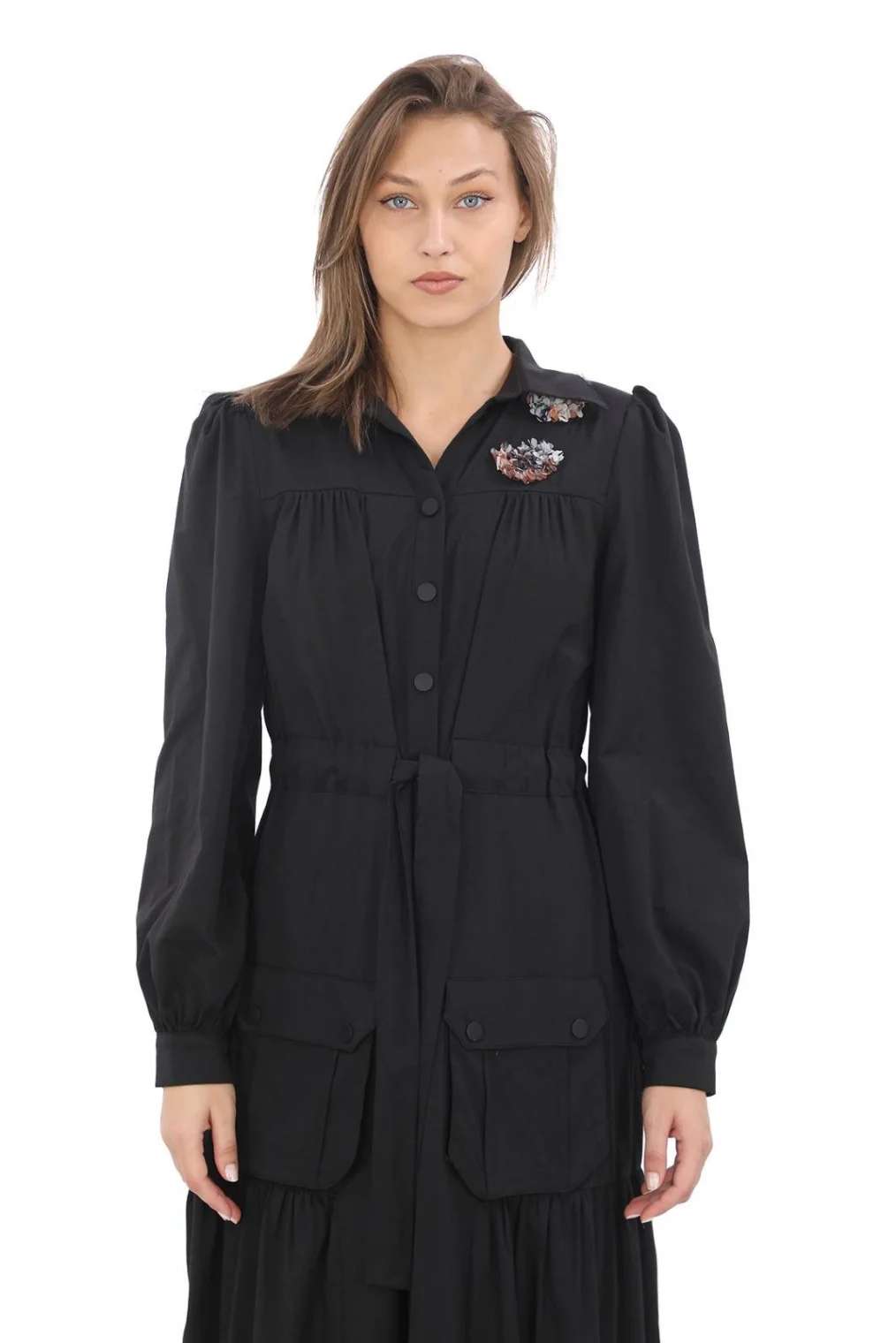 Omuz Çiçekli Bağlama Detaylı Çıtçıtlı Pamuk Elbise 2709-Siyah