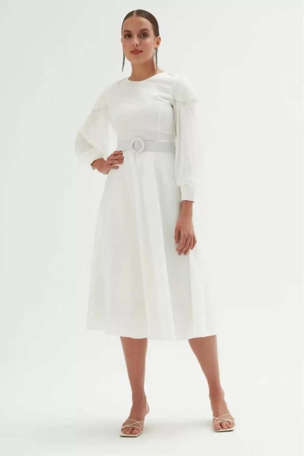 Omuz Detaylı Saten Elbise 695-Beyaz