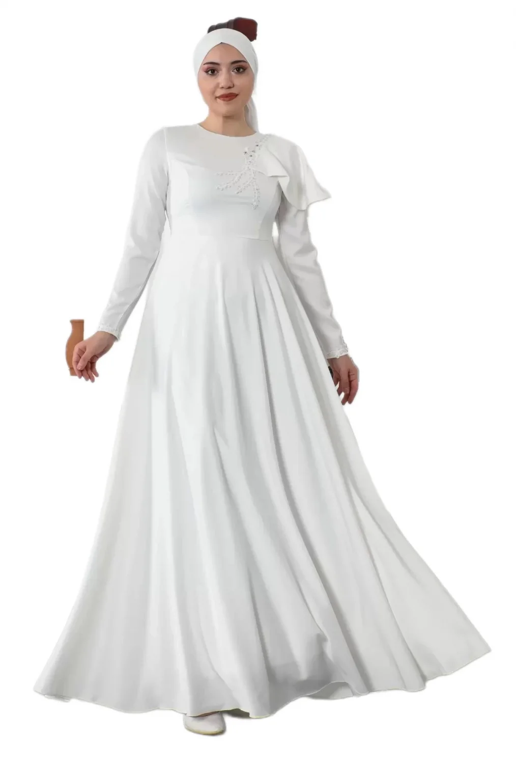 Omuz Detaylı Tesettür Abiye Elbise 701-Beyaz