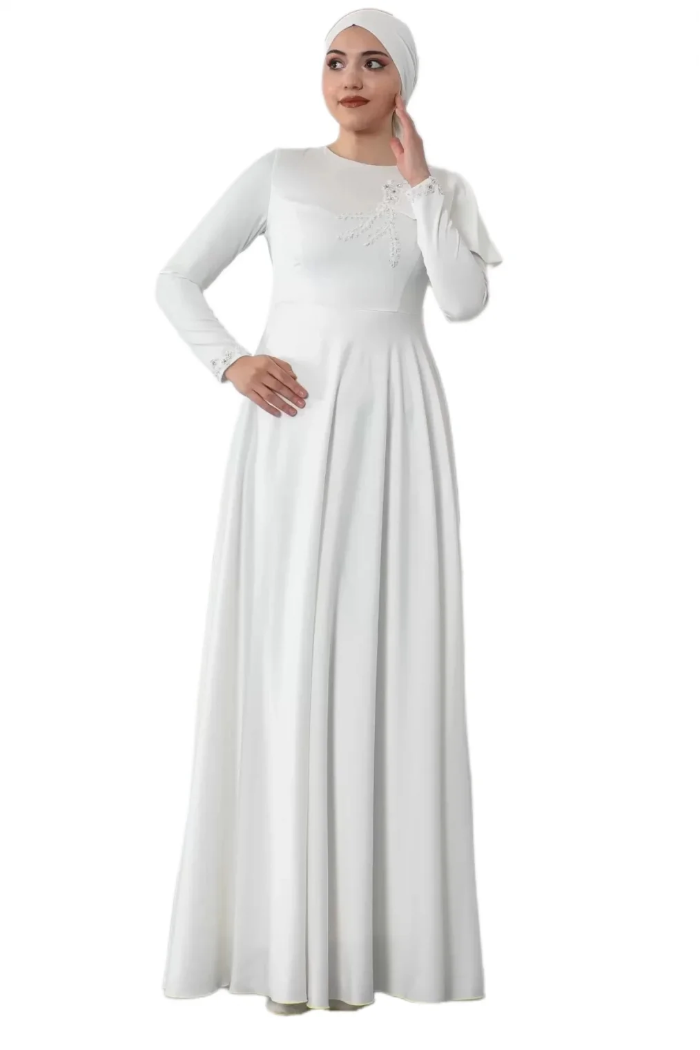 Omuz Detaylı Tesettür Abiye Elbise 701-Beyaz