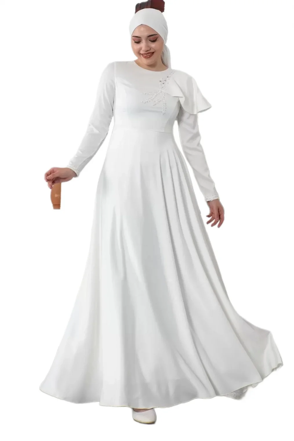 Omuz Detaylı Tesettür Abiye Elbise 701-Beyaz