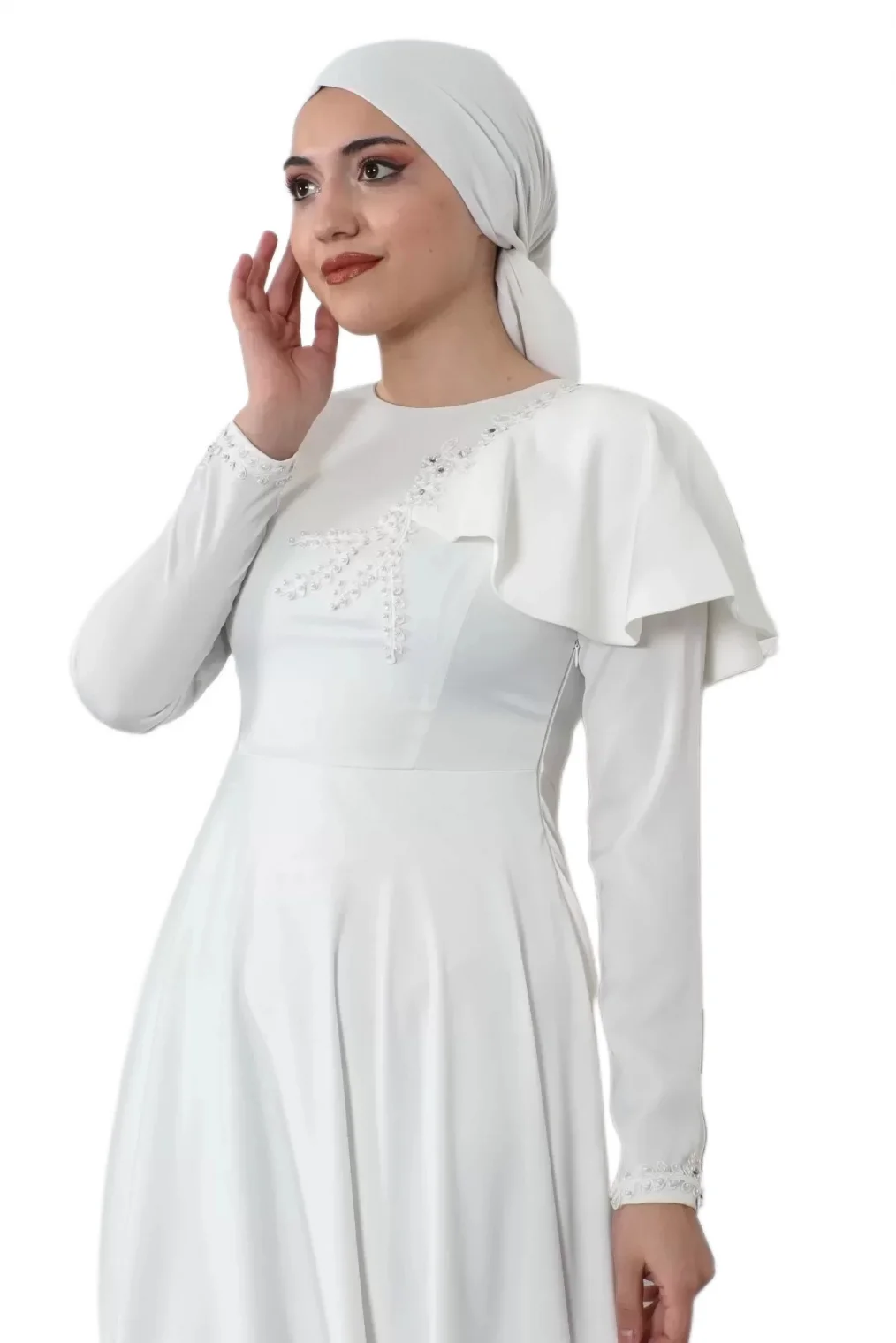 Omuz Detaylı Tesettür Abiye Elbise 701-Beyaz