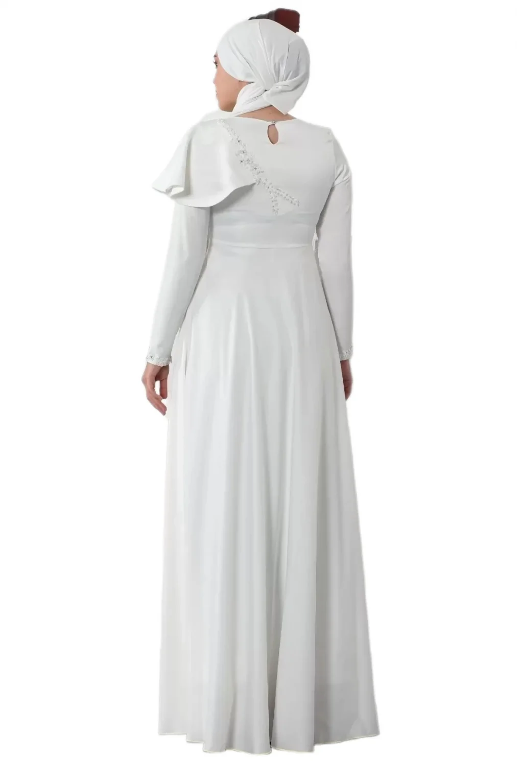 Omuz Detaylı Tesettür Abiye Elbise 701-Beyaz
