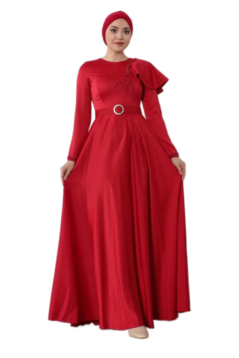 Omuz Detaylı Tesettür Abiye Elbise 701-Kırmızı