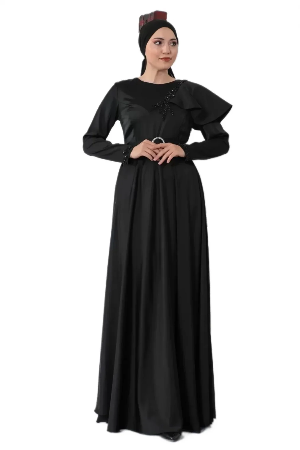 Omuz Detaylı Tesettür Abiye Elbise 701-Siyah
