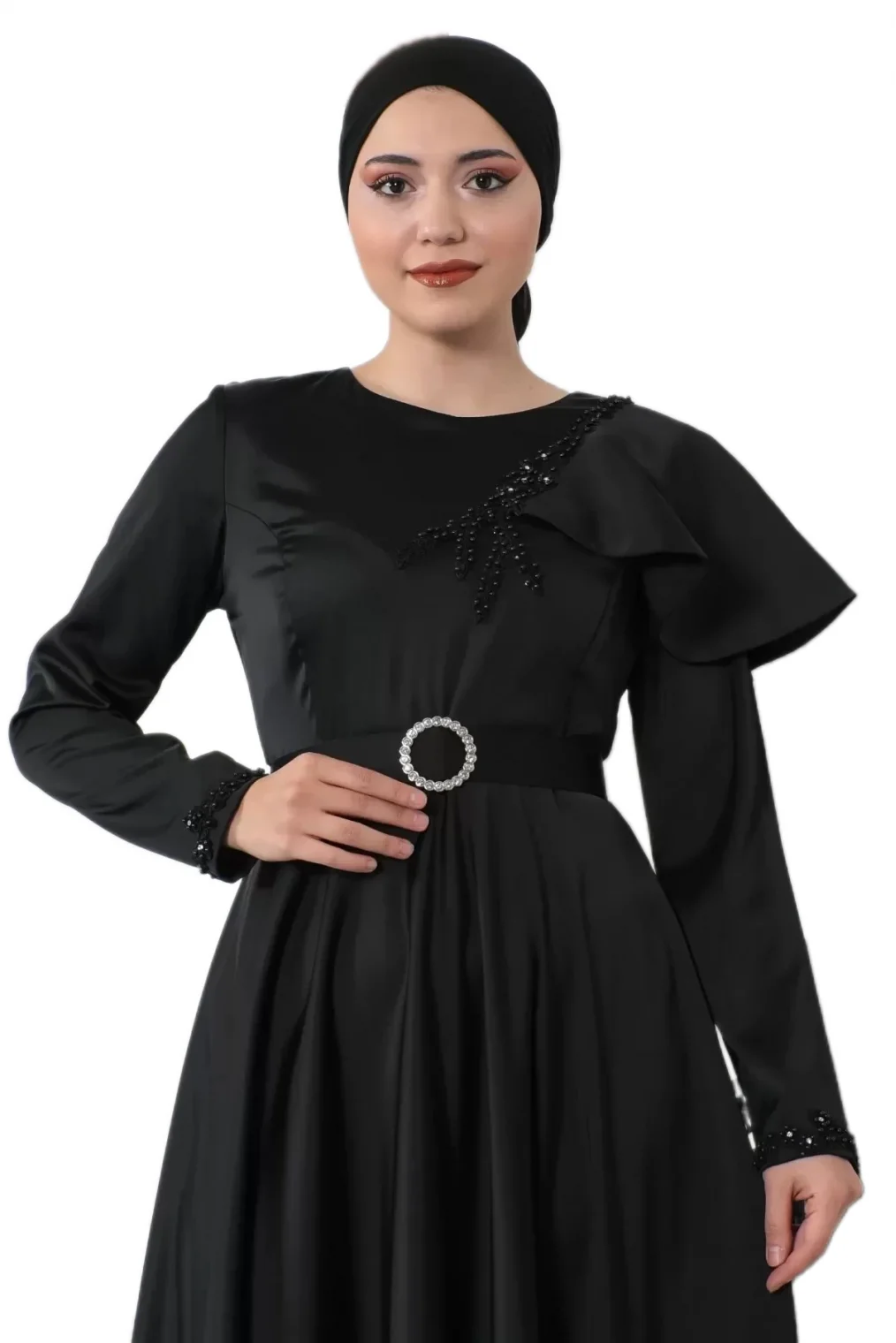 Omuz Detaylı Tesettür Abiye Elbise 701-Siyah