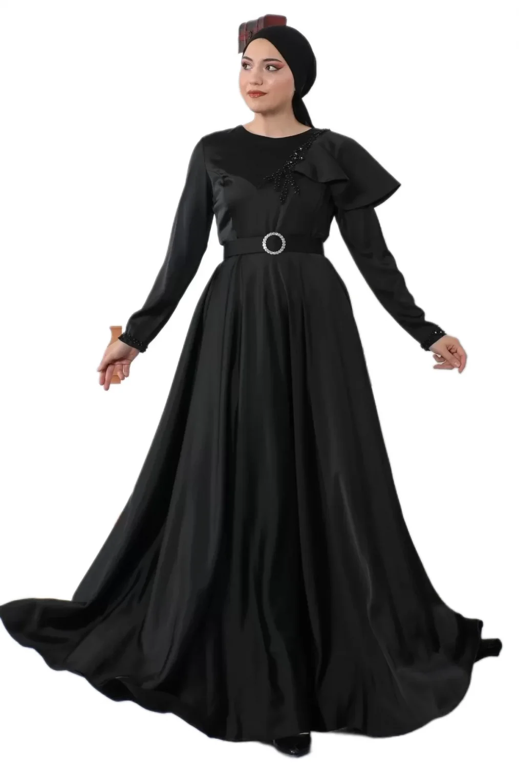 Omuz Detaylı Tesettür Abiye Elbise 701-Siyah