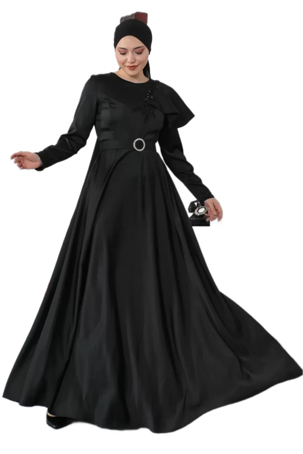 Omuz Detaylı Tesettür Abiye Elbise 701-Siyah