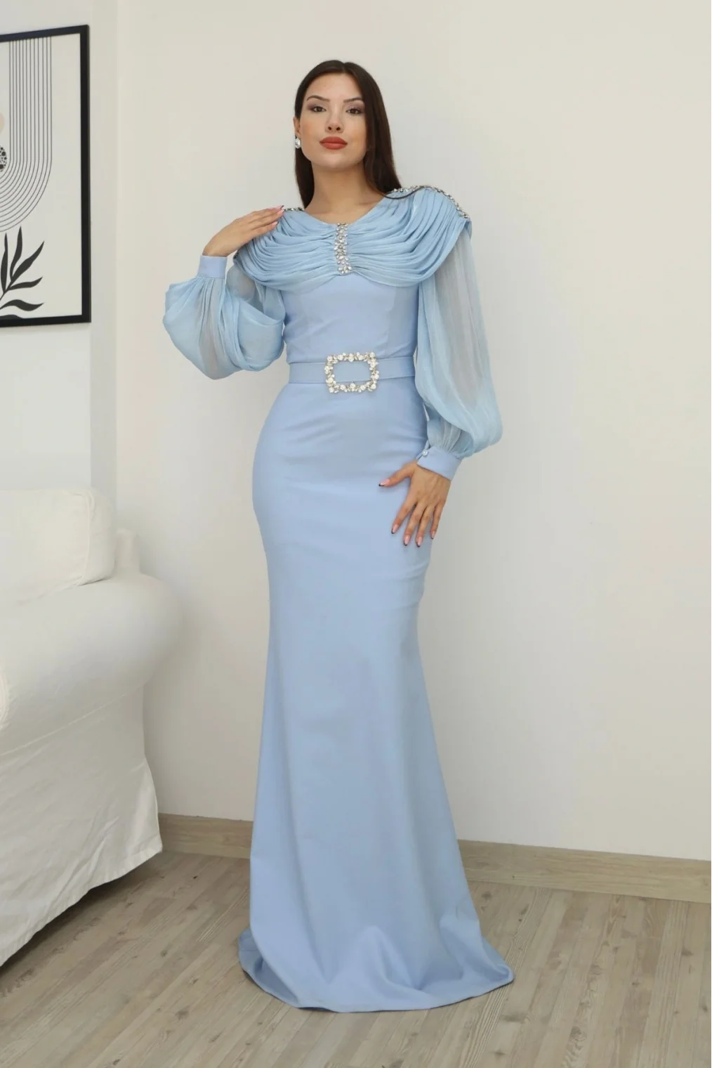 Omuz Drapeli Abiye Elbise 2314-Bebe Mavisi