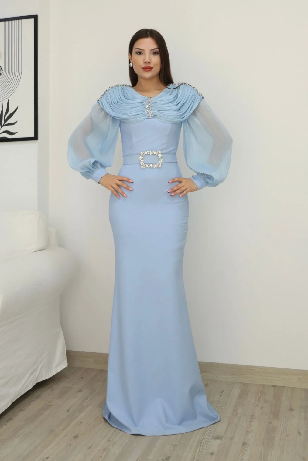 Omuz Drapeli Abiye Elbise 2314-Bebe Mavisi