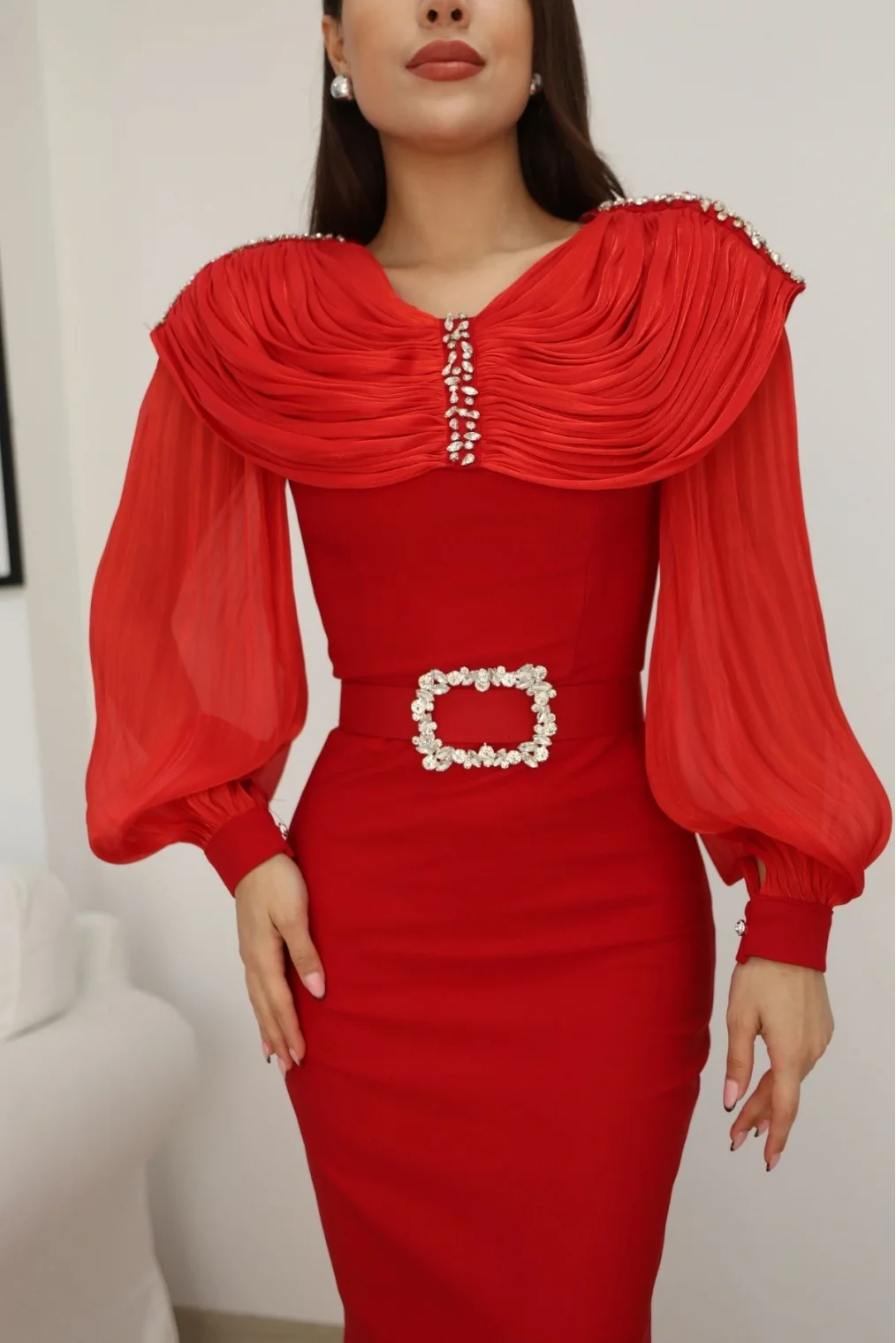 Omuz Drapeli Abiye Elbise 2314-Kırmızı