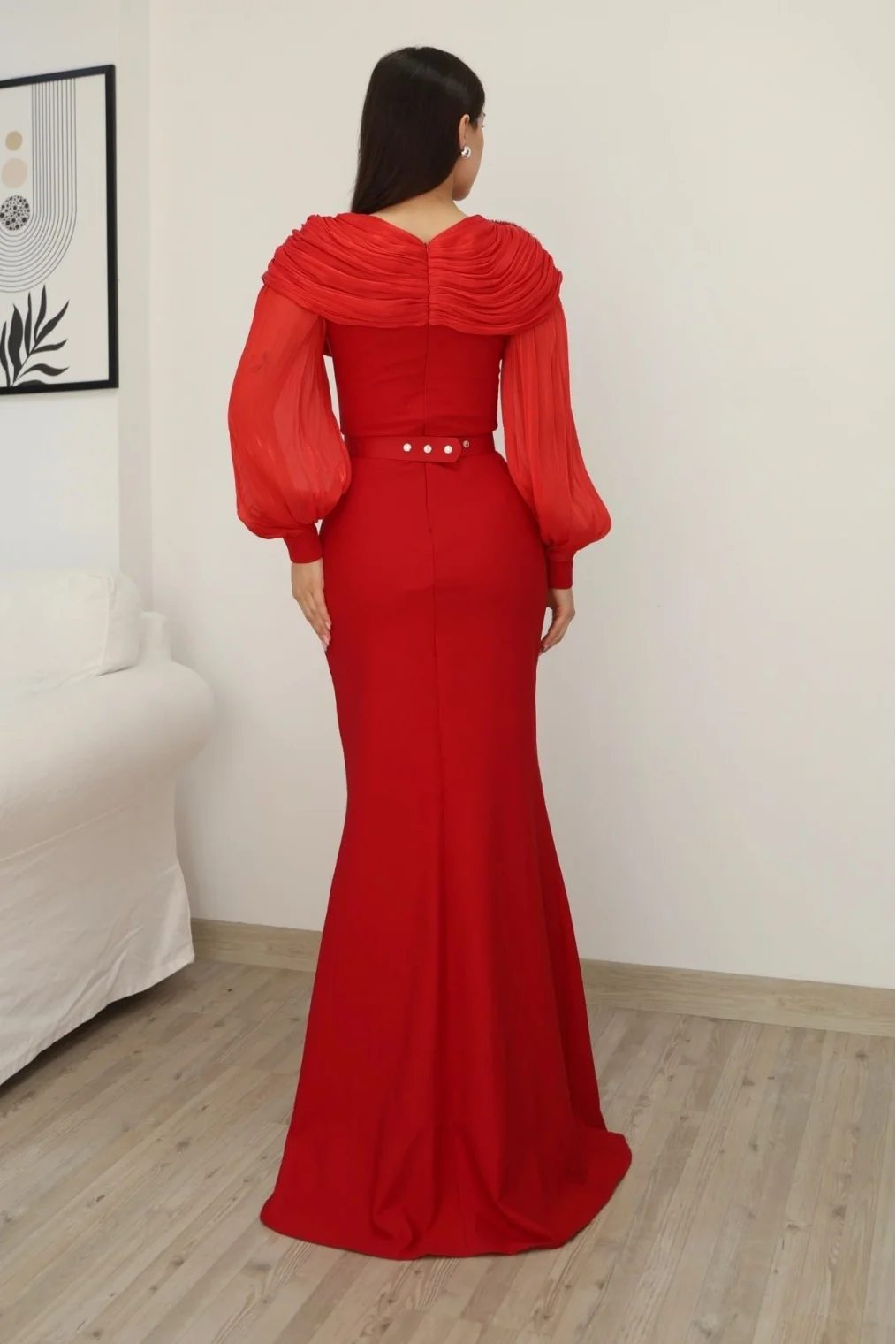 Omuz Drapeli Abiye Elbise 2314-Kırmızı